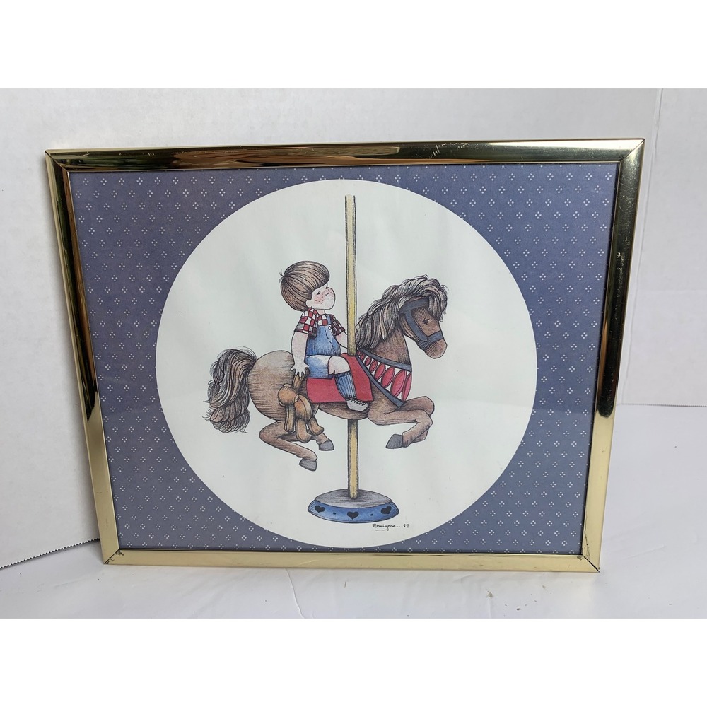 Vintage 1987 Alma Lynne Carousel Boy Art Print‎ Framed Gold Tone 8x10
